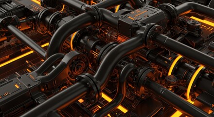 Fototapeta premium Dense Mechanical Network of Pipes and Gears with Glowing Orange Highlights – Futuristic Engine Texture 