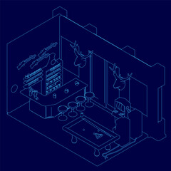 Low poly isometric pub interior features a pool table at the center with scattered game objects. Blue contour walls display two mounted deer heads, creating a stylized bar atmosphere.