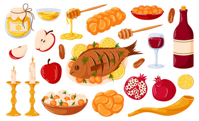 Jewish holiday Rosh Hashanah set in cartoon. Fish with head, Challah bread, matzo soup, kiddush, honey and other food collection isolated on a white background.