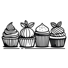 Line Art Illustration of Four Decorative Cupcakes with Various Toppings Perfect for Coloring Books and Dessert Themed Designs