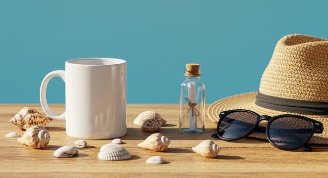 Beachy scene mug, message in bottle, sunglasses, straw hat, seashells on wood against a blue backdrop