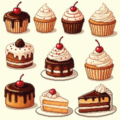 Pixel Art Cupcakes and Cakes Illustration Retro Style Bakery Treats Sweet Desserts Delicious Graphics Colorful Cakes