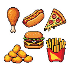 Pixel Art Fast Food Feast Chicken Hotdog Burger Pizza Fries and Nuggets Delicious Graphic Design