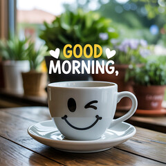 A winking smiley face on a good morning coffee cup
