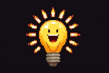 Pixel art light bulb shining with happiness and good idea