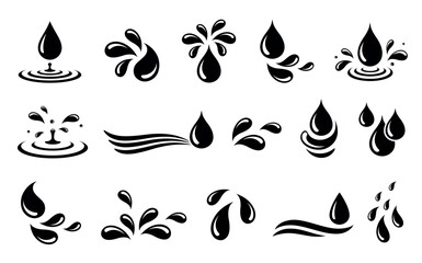 Water drops, droplet silhouettes, splash wave elements, moisture splatter