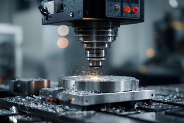Cnc milling machine creating metal detail with sparks flying