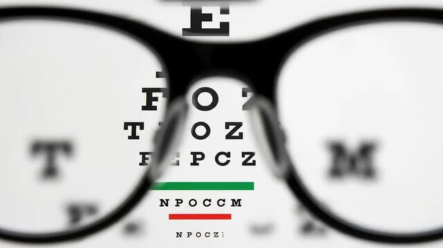 Eye Exam Chart Viewed Through Black Framed Glasses Closeup