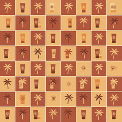 Seamless summer vacation pattern with palm tree silhouettes and sunscreen lotion tubes on a retro checkerboard background.
