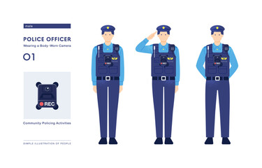 警察とカメラ ウェアラブルカメラを装着した警察官のセット ベクターイラスト素材
