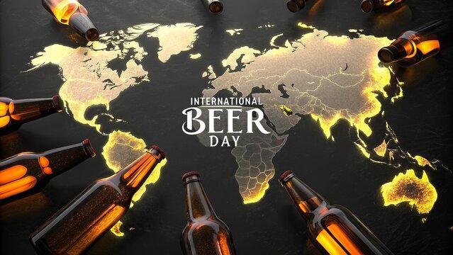 International Beer Day, Colorful variety of international beer bottles and mugs from different countries.