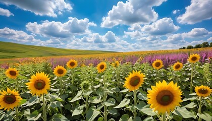 Fototapeta premium Expansive Summer Landscape with Sunflowers and Wildflower Fields under Cloudy Blue Sky