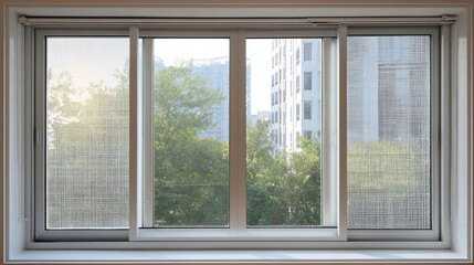 Modern window framing a serene view of trees and buildings, inviting soft natural light indoors.