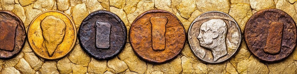 Naklejka premium Rusty and Corroded Coins on Textured Background