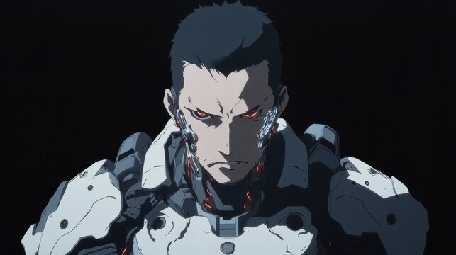 Cybernetic warrior's intense gaze captivates the viewer.