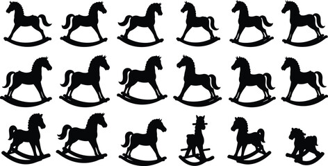 Black rocking horse silhouettes collection, vintage wooden toy clipart set, vector pony illustrations for children decor, nursery crafts design.