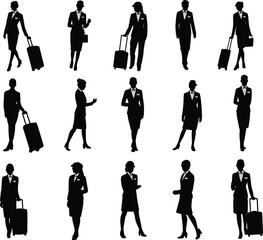 Professional female flight attendants silhouettes, airline staff uniform vector, women with luggage icons, aviation crew illustration, stewardess clipart collection