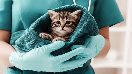 Veterinary professional in teal scrubs gently holding a wrapped kitten in a towel, showcasing care and compassion in an animal healthcare environment with a soothing atmosphere