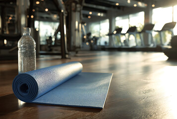 Yoga mat and water bottle on a wooden floor in a sunny gym
