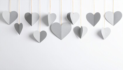 Gray heart-shaped paper cutouts hanging from thin strings in a cascading arrangement against a bright white background