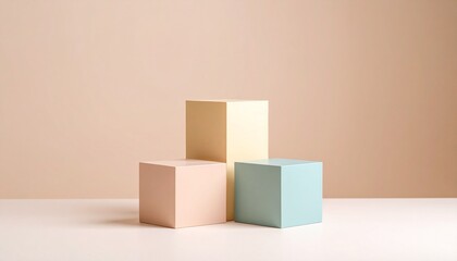 Pastel-colored cubes—pink, blue, and beige—arranged in minimalist fashion on white surface, beside lush green plant with wide leaves