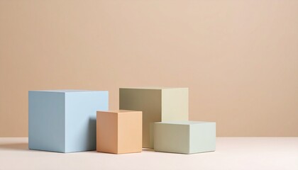 Pastel-colored cubes—pink, blue, and beige—arranged in minimalist fashion on white surface, beside lush green plant with wide leaves