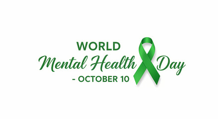 World Mental Health Day design with green awareness ribbon. Calligraphy text for October 10 event on an isolated white background.