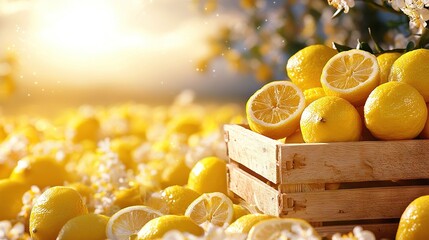  Wooden crate with lemons atop yellow flower and daffodil field