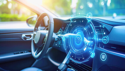 High-tech car dashboard illuminated with blue light signaling adaptive cruise control with space for text