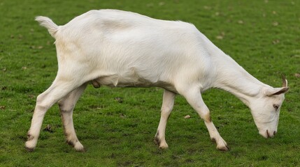 Fototapeta premium White goat grazing on lush green grass in a serene pasture, showcasing its natural behavior and the beauty of rural life in a peaceful environment
