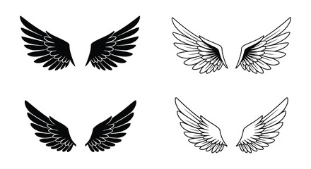 Set of Four Wing Illustrations in Black and White for Design Elements