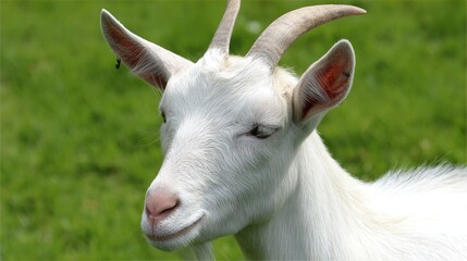 Fototapeta premium White goat with curved horns stands in a lush green pasture, showcasing its unique features and calm demeanor in a serene rural environment