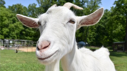 Fototapeta premium White goat with playful expression stands in a lush green pasture, surrounded by trees and farm structures, showcasing the charm of rural life and animal companionship