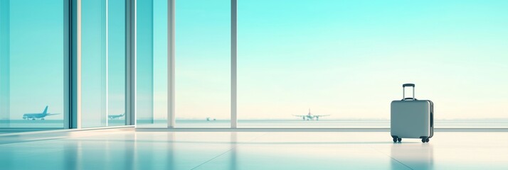Minimalist airport scene with suitcase and plane for travel website banner, 3:1 header image in light blue tones, copy space on right, ideal for blog, landing page, or digital content