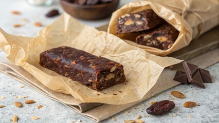 Cocoa and date energy bar wrapped in parchment ready for a healthy snack
