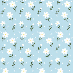 Seamless pattern, cute, fresh and simple graphic design. White flowers, green leaves, light blue background can be used as fabric pattern, website background, gift wrapping paper, wallpaper 