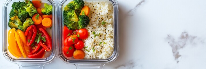 Healthy meal prep containers with rice and vegetables for food blog banner, overhead 3:1 layout with white marble background, soft lighting, copy space on right for digital content