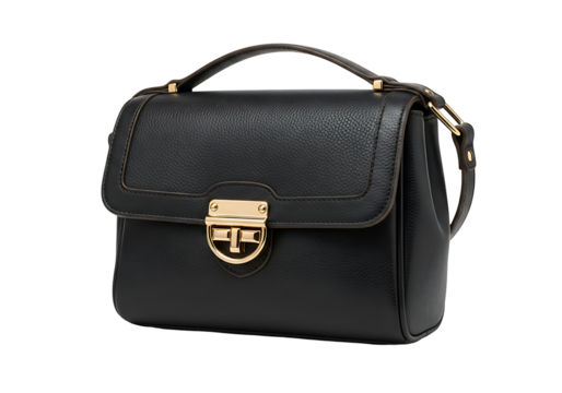 A black leather satchel bag with gold hardware.