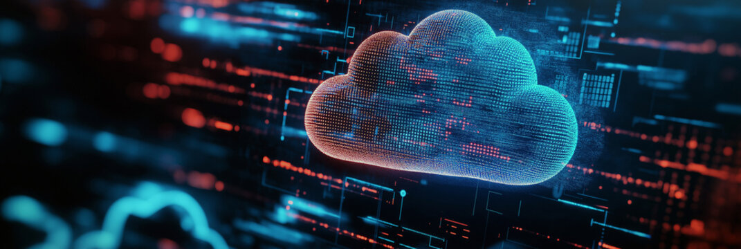 Digital cloud with floating data matrix for technology website banner, 3:1 header image in dark neon tones with copy space on right, ideal for blog, SaaS, or cybersecurity landing page