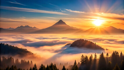 Faded Mountain Silhouettes In Gentle Morning Fog With Pastel Colors