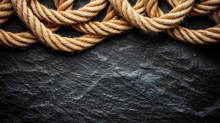 Organic twisted jute rope coiled on natural slate stone backdrop with clean composition for environmentally conscious branding