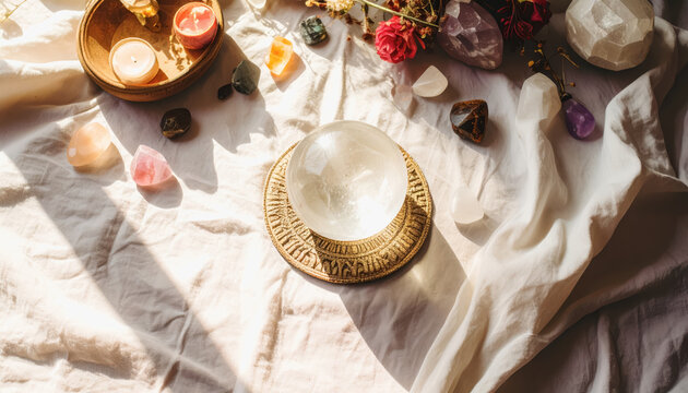 A serene table displaying a candle and a bowl of fresh flowers with ample copy space for text or additional graphics