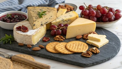 Delightful cheese board featuring a variety of cheeses, fruits, nuts, and crackers for a perfect gathering