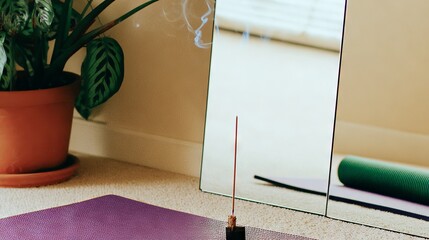 Yoga mat in a serene indoor space with a plant, incense burning, and a mirror reflecting a peaceful atmosphere, promoting relaxation and mindfulness practices