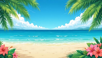 Pixel Art Tropical Beach Scene with Palm Trees, Hibiscus Flowers, and Blue Ocean