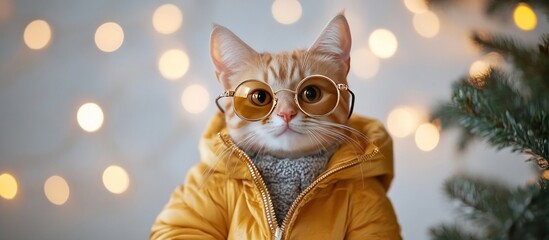 Dressed cat in glasses with jacket in front of lights and tree
