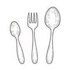 Line drawing of kitchen utensils including fork and spoons  