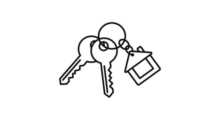 Simple Line Art Illustration of Keys with House Keychain on White Background