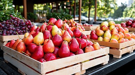   A wooden crate table topped with assorted fruit and vegetables stacked on top of each other
