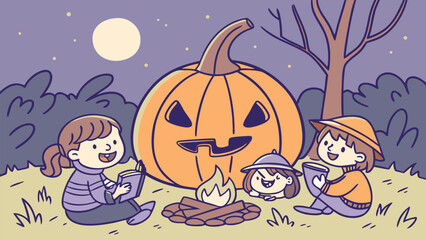 Children gathered around a campfire with a large pumpkin and moon in a halloween night scene outdoors
